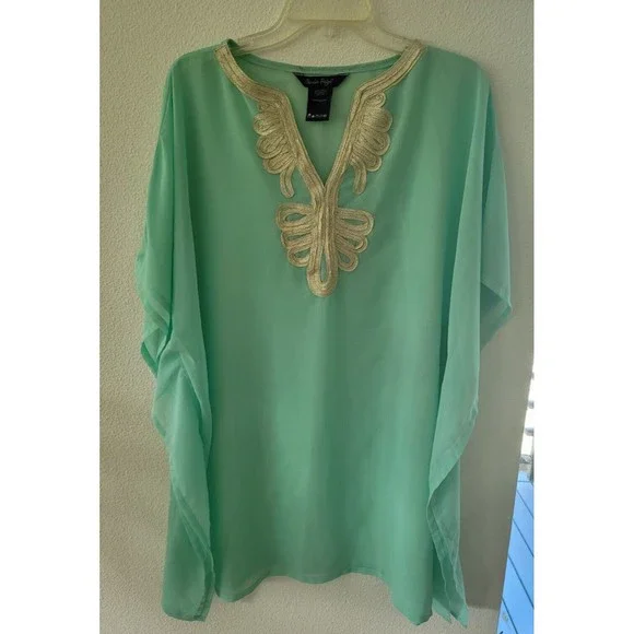 Charlie Paige Womens Turquoise Embroidered One Size Swim Cover Up Tunic Beach - Picture 3 of 11